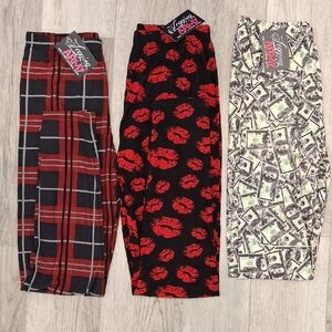 Stylish Women's Leggings Trio - Plaid, Lip Print, Money Design